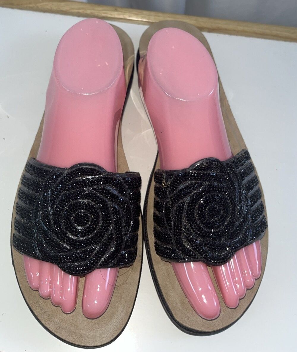 Andiamo Women’s Black Rosette Comfort Rose Slide Sandals Size 11M Footbed Mule